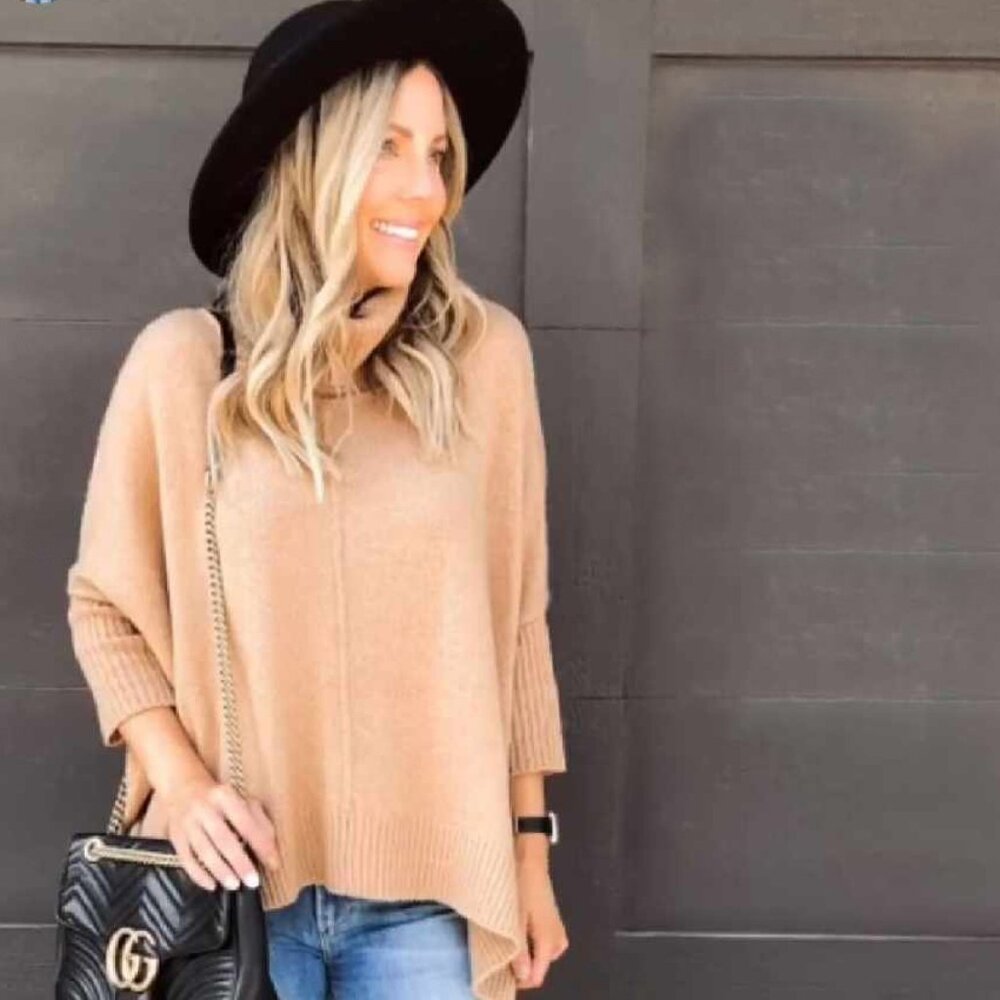 LOFT Lou & Grey Camel Turtleneck Poncho Sweater Asymmetrical Hem Cozy Knit XS